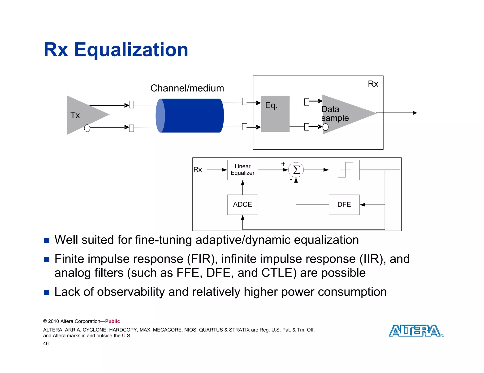 Rx Equalization
                                                                                                                  Rx
                                        Channel/medium
                                                                                   Eq.                   Data
           Tx                                                                                            sample
                                                                                                              l




                                                                                             




    Well suited for fine-tuning adaptive/dynamic equalization
    Finite impulse response (FIR), infinite impulse response (IIR) and
                              (FIR)                           (IIR),
     analog filters (such as FFE, DFE, and CTLE) are possible
    Lack of observability and relatively higher power consumption

© 2010 Altera Corporation—Public
ALTERA, ARRIA, CYCLONE, HARDCOPY, MAX, MEGACORE, NIOS, QUARTUS & STRATIX are Reg. U.S. Pat. & Tm. Off.
and Altera marks in and outside the U.S.
46
 
