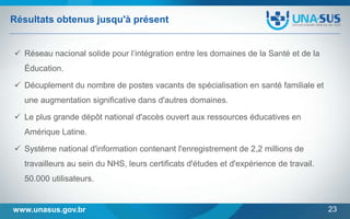 Résultats obtenus jusqu'à présent
 Réseau nacional solide pour l’intégration entre les domaines de la Santé et de la
Éducation.
 Décuplement du nombre de postes vacants de spécialisation en santé familiale et
une augmentation significative dans d'autres domaines.
 Le plus grande dépôt national d'accès ouvert aux ressources éducatives en
Amérique Latine.

 Système national d'information contenant l'enregistrement de 2,2 millions de
travailleurs au sein du NHS, leurs certificats d'études et d'expérience de travail.
50.000 utilisateurs.

www.unasus.gov.br

23

 