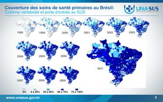 Couverture des soins de santé primaires au Brésil:
Colonne vertebrale et porte d’entrée au SUS

1998

1999

2004

2005

2000

2002

2001

2003

2006

2011

2007

2008

www.unasus.gov.br

2009

6

 
