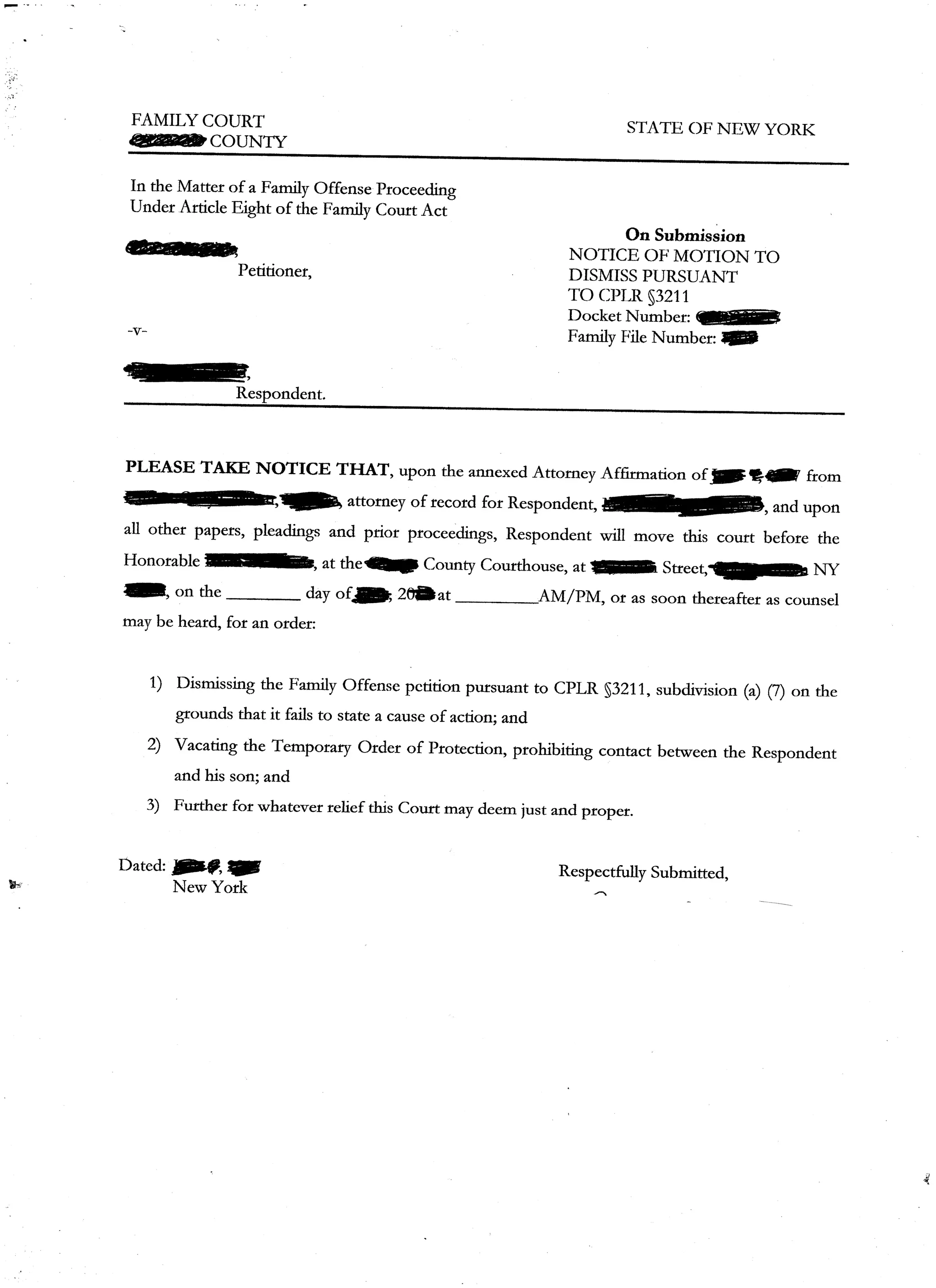 New York Family Court Motion to Dismiss a Family Offense Petition PDF