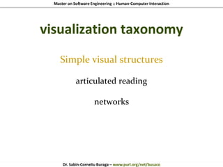 Master on Software Engineering :: Human-Computer Interaction
Dr. Sabin-Corneliu Buraga – www.purl.org/net/busaco
visualization taxonomy
Simple visual structures
articulated reading
networks
 