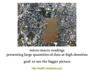 Master on Software Engineering :: Human-Computer Interaction
Dr. Sabin-Corneliu Buraga – www.purl.org/net/busaco
visualization taxonomy
micro-macro readings
presenting large quantities of data at high densities
goal: to see the bigger picture
http://larp601.wordpress.com/
 