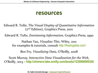 Master on Software Engineering :: Human-Computer Interaction
Dr. Sabin-Corneliu Buraga – www.purl.org/net/busaco
resources
Edward R. Tufte, The Visual Display of Quantitative Information
(2nd Edition), Graphics Press, 2001
Edward R. Tufte, Envisioning Information, Graphics Press, 1990
Nathan Yau, Visualize This, Wiley, 2011
for examples & tutorials, consult http://flowingdata.com/
Ben Fry, Visualizing Data, O’Reilly, 2008
Scott Murray, Interactive Data Visualization for the Web,
O’Reilly, 2013 – http://chimera.labs.oreilly.com/books/1230000000345
 