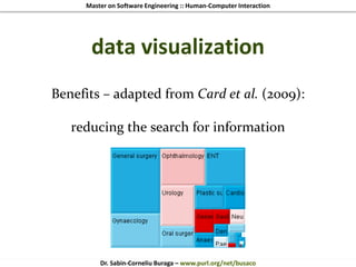 Master on Software Engineering :: Human-Computer Interaction
Dr. Sabin-Corneliu Buraga – www.purl.org/net/busaco
data visualization
Benefits – adapted from Card et al. (2009):
reducing the search for information
 