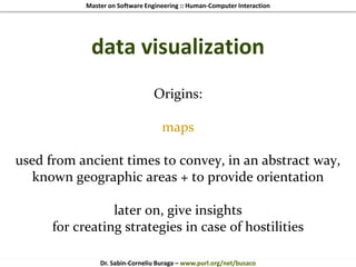 Master on Software Engineering :: Human-Computer Interaction
Dr. Sabin-Corneliu Buraga – www.purl.org/net/busaco
data visualization
Origins:
maps
used from ancient times to convey, in an abstract way,
known geographic areas + to provide orientation
later on, give insights
for creating strategies in case of hostilities
 