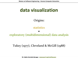 Master on Software Engineering :: Human-Computer Interaction
Dr. Sabin-Corneliu Buraga – www.purl.org/net/busaco
data visualization
Origins:
statistics

exploratory (multidimensional) data analysis
Tukey (1977), Cleveland & McGill (1988)
 