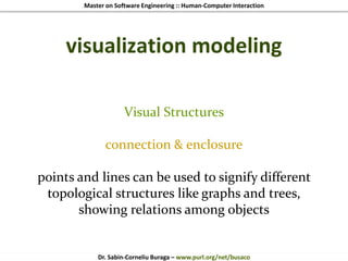 Master on Software Engineering :: Human-Computer Interaction
Dr. Sabin-Corneliu Buraga – www.purl.org/net/busaco
visualization modeling
Visual Structures
connection & enclosure
points and lines can be used to signify different
topological structures like graphs and trees,
showing relations among objects
 