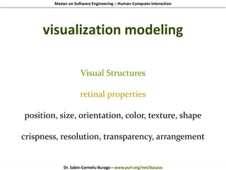 Master on Software Engineering :: Human-Computer Interaction
Dr. Sabin-Corneliu Buraga – www.purl.org/net/busaco
visualization modeling
Visual Structures
retinal properties
position, size, orientation, color, texture, shape
crispness, resolution, transparency, arrangement
 