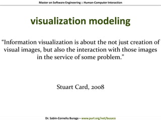 Master on Software Engineering :: Human-Computer Interaction
Dr. Sabin-Corneliu Buraga – www.purl.org/net/busaco
visualization modeling
“Information visualization is about the not just creation of
visual images, but also the interaction with those images
in the service of some problem.”
Stuart Card, 2008
 