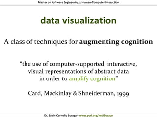 Master on Software Engineering :: Human-Computer Interaction
Dr. Sabin-Corneliu Buraga – www.purl.org/net/busaco
data visualization
A class of techniques for augmenting cognition
“the use of computer-supported, interactive,
visual representations of abstract data
in order to amplify cognition”
Card, Mackinlay & Shneiderman, 1999
 