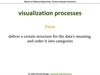 Master on Software Engineering :: Human-Computer Interaction
Dr. Sabin-Corneliu Buraga – www.purl.org/net/busaco
visualization processes
Parse
deliver a certain structure for the data’s meaning,
and order it into categories
 