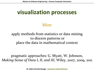 Master on Software Engineering :: Human-Computer Interaction
Dr. Sabin-Corneliu Buraga – www.purl.org/net/busaco
visualization processes
Mine
apply methods from statistics or data mining
to discern patterns or
place the data in mathematical context
pragmatic approaches: G. Myatt, W. Johnson,
Making Sense of Data I, II, and III, Wiley, 2007, 2009, 2011
 