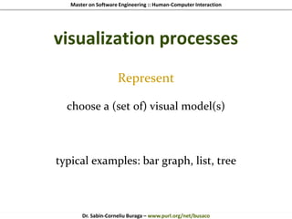 Master on Software Engineering :: Human-Computer Interaction
Dr. Sabin-Corneliu Buraga – www.purl.org/net/busaco
visualization processes
Represent
choose a (set of) visual model(s)
typical examples: bar graph, list, tree
 