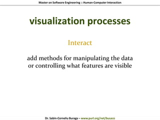 Master on Software Engineering :: Human-Computer Interaction
Dr. Sabin-Corneliu Buraga – www.purl.org/net/busaco
visualization processes
Interact
add methods for manipulating the data
or controlling what features are visible
 