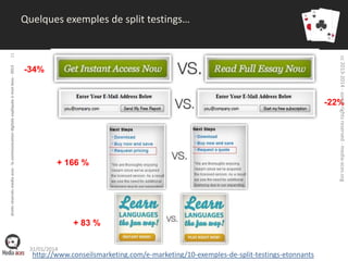 droits réservés media aces - la communication digitale expliquée à mon boss - 2013

-34%

cc 2013-2014 - some rights reserved - media-aces.org

11

Quelques exemples de split testings…

-22%

+ 166 %

+ 83 %
31/01/2014

http://www.conseilsmarketing.com/e-marketing/10-exemples-de-split-testings-etonnants

 