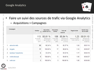 droits réservés media aces - la communication digitale expliquée à mon boss - 2013

• Faire un suivi des sources de trafic via Google Analytics
– Acquisitions > Campagnes

31/01/2014

cc 2013-2014 - some rights reserved - media-aces.org

16

Google Analytics

 
