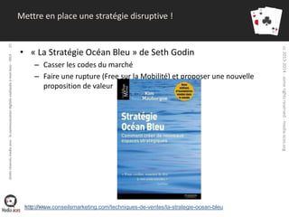droits réservés media aces - la communication digitale expliquée à mon boss - 2013

• « La Stratégie Océan Bleu » de Seth Godin
– Casser les codes du marché
– Faire une rupture (Free sur la Mobilité) et proposer une nouvelle
proposition de valeur

31/01/2014
http://www.conseilsmarketing.com/techniques-de-ventes/la-strategie-ocean-bleu

cc 2013-2014 - some rights reserved - media-aces.org

20

Mettre en place une stratégie disruptive !

 