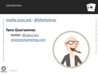 media-aces.org - @MediaAces
Yann Gourvennec
twitter: @ygourven
visionarymarketing.com

31/01/2014

cc 2013-2014 - some rights reserved - media-aces.org

droits réservés media aces - la communication digitale expliquée à mon boss - 2013

3

introduction

 
