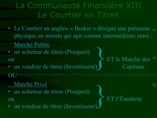 La Communauté Financière XIII
Le Courtier en Titres
• Le Courtier en anglais « Broker » désigne une personne
physique ou morale qui agit comme intermédiaire entre :
Marché Public
• un acheteur de titres (Prospect)
ou ET le Marché des
• un vendeur de titres (Investisseur) Capitaux
OU
Marché Privé
• un acheteur de titres (Prospect)
ou ET l’Émetteur
• un vendeur de titres (Investisseur)
}
}
 