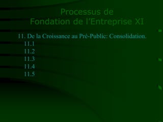 Processus de
Fondation de l’Entreprise XI
11. De la Croissance au Pré-Public: Consolidation.
11.1
11.2
11.3
11.4
11.5
 