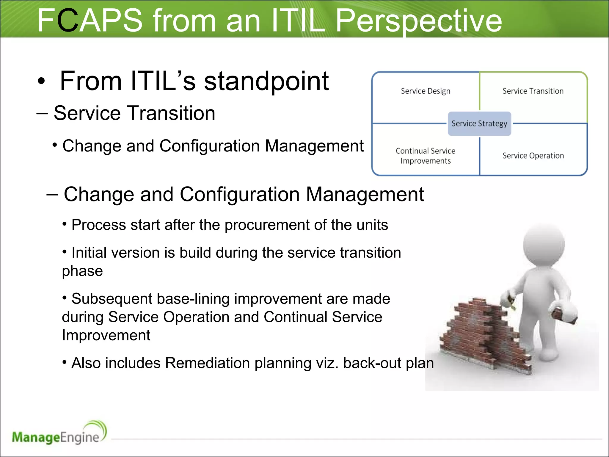 F C APS from an ITIL Perspective From ITIL’s standpoint Service Transition Change and Configuration Management Change and Configuration Management Process start after the procurement of the units Initial version is build during the service transition phase Subsequent base-lining improvement are made during Service Operation and Continual Service Improvement Also includes Remediation planning viz. back-out plan 