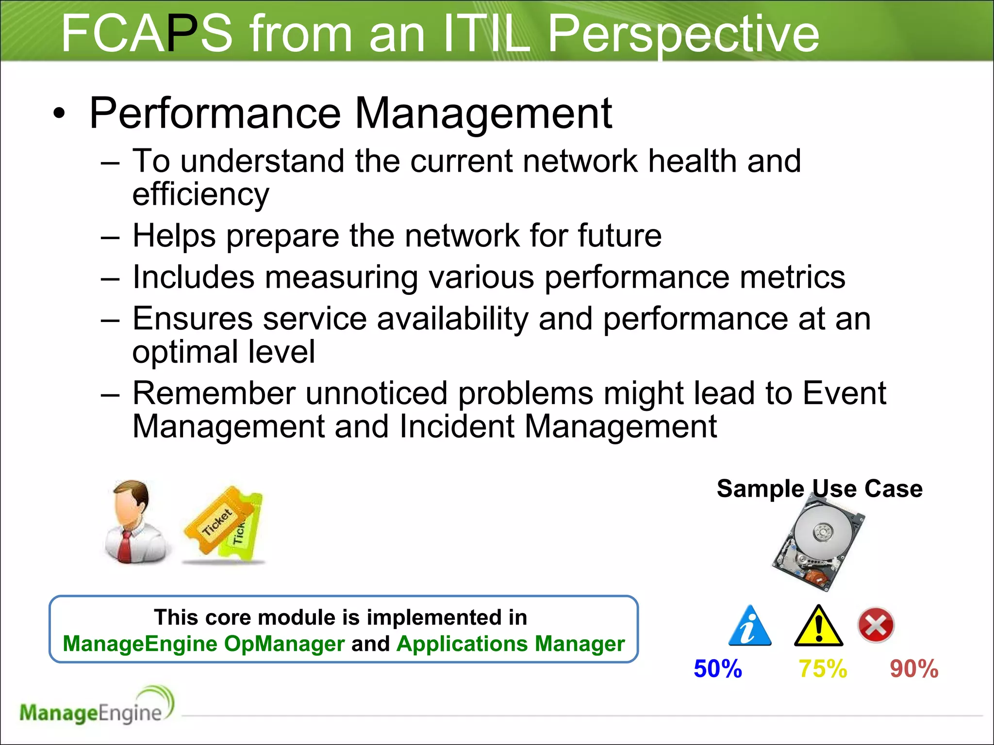 Performance Management To understand the current network health and efficiency Helps prepare the network for future Includes measuring various performance metrics Ensures service availability and performance at an optimal level Remember unnoticed problems might lead to Event Management and Incident Management FCA P S from an ITIL Perspective This core module is implemented in  ManageEngine OpManager  and  Applications Manager Sample Use Case 50%   75%   90% 