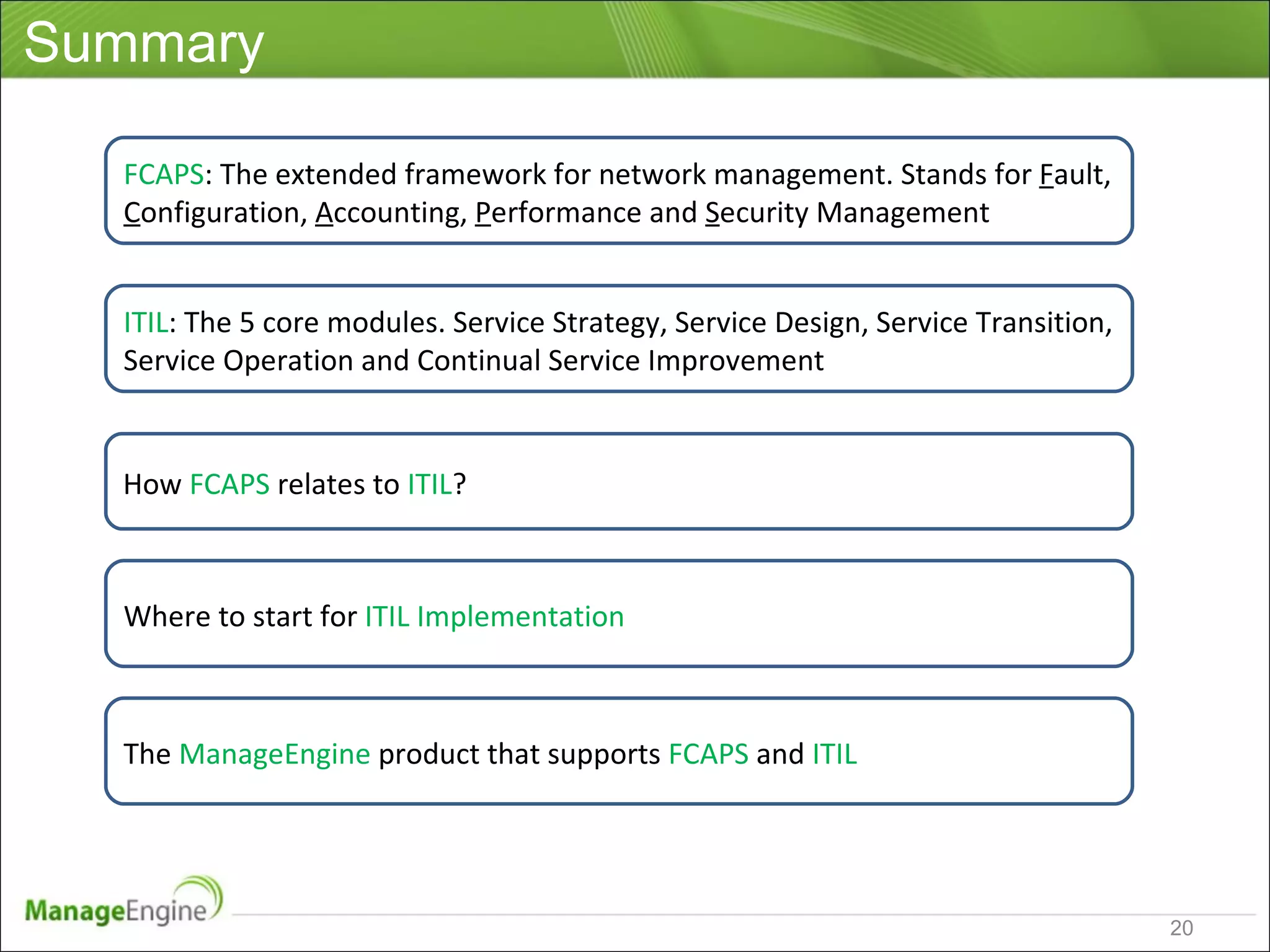 Summary FCAPS : The extended framework for network management. Stands for  F ault,  C onfiguration,  A ccounting,  P erformance and  S ecurity Management  ITIL : The 5 core modules. Service Strategy, Service Design, Service Transition, Service Operation and Continual Service Improvement How  FCAPS  relates to  ITIL ? Where to start for  ITIL Implementation The  ManageEngine  product that supports  FCAPS  and  ITIL 