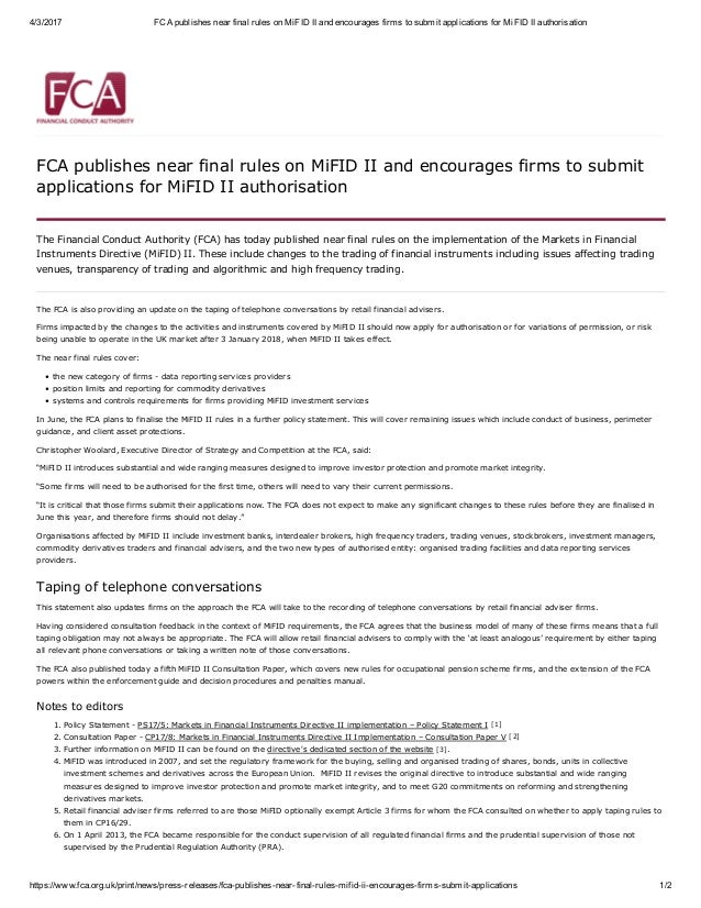 Fca Publishes Near Final Rules On Mifid Ii