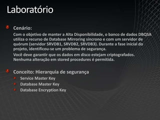 Laboratório
Cenário:
Com o objetivo de manter a Alta Disponibilidade, o banco de dados DBQSA
utiliza o recurso de Database Mirroring síncrono e com um servidor de
quórum (servidor SRVDB1, SRVDB2, SRVDB3). Durante a fase inicial do
projeto, identificou-se um problema de segurança.
Você deve garantir que os dados em disco estejam criptografados.
Nenhuma alteração em stored procedures é permitida.
Conceito: Hierarquia de segurança
Service Master Key
Database Master Key
Database Encryption Key
 