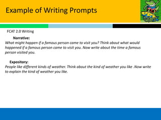 Example of Writing Prompts

 FCAT 2.0 Writing
     Narrative:
What might happen if a famous person came to visit you? Think about what would
happened if a famous person came to visit you. Now write about the time a famous
person visited you.

   Expository:
People like different kinds of weather. Think about the kind of weather you like .Now write
to explain the kind of weather you like.
 