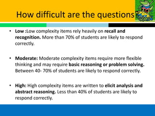 How difficult are the questions?
• Low :Low complexity items rely heavily on recall and
  recognition. More than 70% of students are likely to respond
  correctly.

• Moderate: Moderate complexity items require more flexible
  thinking and may require basic reasoning or problem solving.
  Between 40- 70% of students are likely to respond correctly.

• High: High complexity items are written to elicit analysis and
  abstract reasoning. Less than 40% of students are likely to
  respond correctly.
 