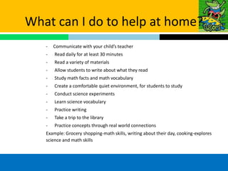 What can I do to help at home?
   -   Communicate with your child’s teacher
   -   Read daily for at least 30 minutes
   -   Read a variety of materials
   -   Allow students to write about what they read
   -   Study math facts and math vocabulary
   -   Create a comfortable quiet environment, for students to study
   -   Conduct science experiments
   -   Learn science vocabulary
   -   Practice writing
   -   Take a trip to the library
   -   Practice concepts through real world connections
   Example: Grocery shopping-math skills, writing about their day, cooking-explores
   science and math skills
 