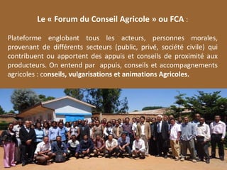 Le « Forum du Conseil Agricole » ou FCA :
Plateforme englobant tous les acteurs, personnes morales,
provenant de différents secteurs (public, privé, société civile) qui
contribuent ou apportent des appuis et conseils de proximité aux
producteurs. On entend par appuis, conseils et accompagnements
agricoles : conseils, vulgarisations et animations Agricoles.
 
