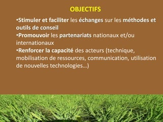 OBJECTIFS
•Stimuler et faciliter les échanges sur les méthodes et
outils de conseil
•Promouvoir les partenariats nationaux et/ou
internationaux
•Renforcer la capacité des acteurs (technique,
mobilisation de ressources, communication, utilisation
de nouvelles technologies…)
 