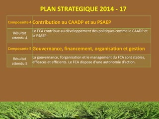 PLAN STRATEGIQUE 2014 - 17
Composante 4 Contribution au CAADP et au PSAEP
Résultat
attendu 4
Le FCA contribue au développement des politiques comme le CAADP et
le PSAEP
Composante 5 Gouvernance, financement, organisation et gestion
Résultat
attendu 5
La gouvernance, l’organisation et le management du FCA sont stables,
efficaces et efficients. Le FCA dispose d’une autonomie d’action.
 
