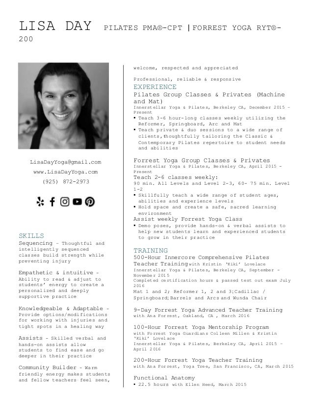 lisa day pilates resume yoga teacher resumes