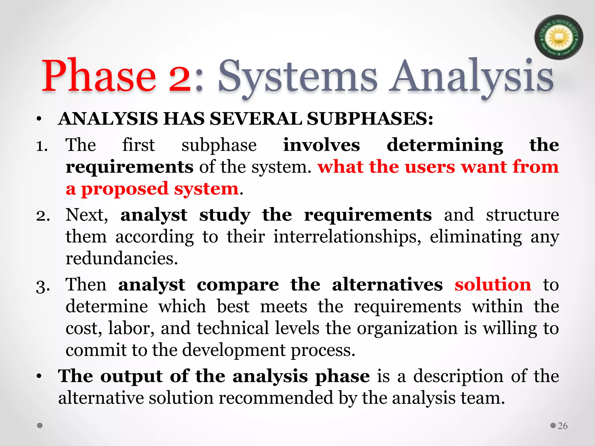 Phase 2: Systems Analysis
• ANALYSIS HAS SEVERAL SUBPHASES:
1. The first subphase involves determining the
requirements of the system. what the users want from
a proposed system.
2. Next, analyst study the requirements and structure
them according to their interrelationships, eliminating any
redundancies.
3. Then analyst compare the alternatives solution to
determine which best meets the requirements within the
cost, labor, and technical levels the organization is willing to
commit to the development process.
• The output of the analysis phase is a description of the
alternative solution recommended by the analysis team.
26
 