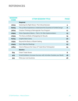CTSM Portfolio – Marcia Deem 27
REFERENCES
SESSION
CODE
CTSM SESSION TITLE PAGE
Required
20115 Selecting the Right Shows: The Critical Decision 4
62015 The @ Show Experience: Understand the Essential of Exhibit Design 8
30715 Creative Thinking to Reinvigorate Your Program 11
20915 Show Operations Basics – Part 2: On-Site Implementation 13
20315 The Nuts and Bolts of Budgeting for Results 19
61715 Graphic Boot Camp 20
21315 Beyond the Basics of Booth Selling 23
20415 Don’t Skip the Meetings 23
10815 How to Measure the Value of Trade Show Participation 24
Elective
624 Green Trade Shows 8
403 Small Exhibitors: Increase Success with Activities Outside your Booth 18
513 Mind your own business 26
 
