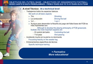!19
▪ A nivel Técnico: At a technical level
- Trabajamos todos los aspectos básicos:
We work on all basic aspects
▪ Tiro Shooting
▪ La conducción Driving the ball
▪ 1x1… 1-on-1
▪ Aunque para desarrollar la filosofía de juego del fútbol base del FCB los
más importantes son:
Although to develop the playing philosophy of FCB grassroots
football, the most important aspects are:
- El control del balón Controlling the ball
- Y el pase And passing
- Incidiendo mucho en la pierna no dominante
Focussing heavily on the weaker leg
- Entrenamientos específicos de técnica
Specific technique training
OBJETIVOS DEL FUTBOL BASE - OBJECTIVES OF GRASSROOTS FOOTBALL 
DESDE CADETE B HASTA PREBENJAMINES – FROM 8 YEARS OLD TO 15-16 YEARS OLD B TEAM
+ Formativo
More educational
 
