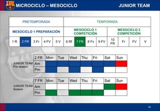 !86
MICROCICLO – MESOCICLO JUNIOR TEAM
2 FR Mon Tue Wed Thu Fri Sat Sun
Am
Pm
7 FR Mon Tue Wed Thu Fri Sat Sun
Am
Pm
JUNIOR TEAM
Pre season
JUNIOR TEAM
Season
PRETEMPORADA TEMPORADA
MESOCICLO 1 PREPARACIÓN
MESOCICLO 1
COMPETICIÓN
MESOCICLO 2
COMPETICIÓN
1 R 2 FR 3 Fr 4 FV 5 V 6 Rf 7 FR 8 Fv 9 FV
10
FR
Fr FV V
 