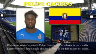 FELIPE CACIEDO
• El delanter centre equatorià Felipe Caicedo és una referència per a molts
jugadors del seu equip ja que ell amb 27 anys és un dels millors del equip.
 