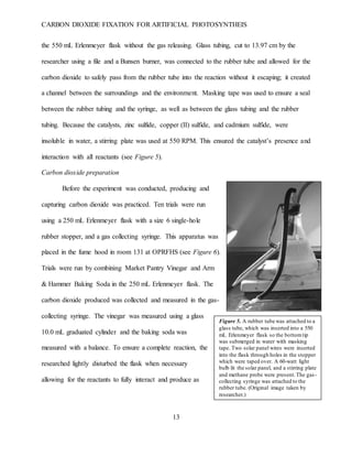 CARBON DIOXIDE FIXATION FOR ARTIFICIAL PHOTOSYNTHEIS
13
Figure 5. A rubber tube was attached to a
glass tube, which was inserted into a 550
mL Erlenmeyer flask so the bottomtip
was submerged in water with masking
tape. Two solar panel wires were inserted
into the flask through holes in the stopper
which were taped over. A 60-watt light
bulb lit the solar panel, and a stirring plate
and methane probe were present.The gas-
collecting syringe was attached to the
rubber tube. (Original image taken by
researcher.)
the 550 mL Erlenmeyer flask without the gas releasing. Glass tubing, cut to 13.97 cm by the
researcher using a file and a Bunsen burner, was connected to the rubber tube and allowed for the
carbon dioxide to safely pass from the rubber tube into the reaction without it escaping; it created
a channel between the surroundings and the environment. Masking tape was used to ensure a seal
between the rubber tubing and the syringe, as well as between the glass tubing and the rubber
tubing. Because the catalysts, zinc sulfide, copper (II) sulfide, and cadmium sulfide, were
insoluble in water, a stirring plate was used at 550 RPM. This ensured the catalyst’s presence and
interaction with all reactants (see Figure 5).
Carbon dioxide preparation
Before the experiment was conducted, producing and
capturing carbon dioxide was practiced. Ten trials were run
using a 250 mL Erlenmeyer flask with a size 6 single-hole
rubber stopper, and a gas collecting syringe. This apparatus was
placed in the fume hood in room 131 at OPRFHS (see Figure 6).
Trials were run by combining Market Pantry Vinegar and Arm
& Hammer Baking Soda in the 250 mL Erlenmeyer flask. The
carbon dioxide produced was collected and measured in the gas-
collecting syringe. The vinegar was measured using a glass
10.0 mL graduated cylinder and the baking soda was
measured with a balance. To ensure a complete reaction, the
researched lightly disturbed the flask when necessary
allowing for the reactants to fully interact and produce as
 