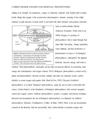 CARBON DIOXIDE FIXATION FOR ARTIFICIAL PHOTOSYNTHEIS
3
Figure 1. Biological photosynthesis includes catalysts,
intermediates, and products in both light and dark
reactions. Oxygen is produced in the light reaction,
whereas sugars are formed in the dark reaction.
(http://ww.uic.edu/classes/bios/bios100/lecturesf04am/lect
10.html). This study focused on the light reaction.
adding to its strength. In comparison, oxygen is a diatomic molecule with double polar covalent
bonds. Being that oxygen is the second most electronegative element, meaning it has a high
tendency to pull electrons towards itself, it can bond with other elements and produce molecules
such as carbon dioxide (Booth,
Anderson, Swannick, Wade, Kite et al.,
2004). Oxygen is a product of
photosynthesis that is made through four
steps: light harvesting, change separation,
water splitting, and fuel production as
demonstrated in Figure 1. In biological
photosynthesis, chlorophyll, the pigment
molecule, harvests energy, and water is
oxidized. Most photosynthetic autotrophs are less than ten percent efficient in converting solar
energy into carbohydrates and oxygen (Askari, 2013). Biological photosynthesis carried out by
plants and photosynthetic bacteria converts sunlight and other raw materials (water, carbon
dioxide) to create oxygen and organic fuels (Bard & Fox, 1995). The goal of artificial
photosynthesis is to mimic biological photosynthesis, using the sun to create a renewable fuel
source. Carbon fixation is the foundation of biological photosynthesis that converts inorganic
carbon into organic carbon. Artificial photosynthesis remains a complex and obscure technique.
Research has documented the use of biological photosynthesis as a blueprint for artificial
photosynthesis (Boucher, Friedlingstein, Collins, & Shine, 2009). There is not any documented
research in the literature that has successfully fixed carbon dioxide to produce oxygen and
 