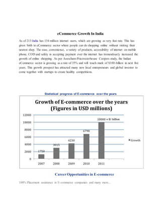 eCommerce Growth In India
As of 213 India has 154 million internet users, which are growing as very fast rate. This has
given birth to eCommerce sector where people can do shopping online without visiting their
nearest shop. The ease, convenience, a variety of products, accessibility of internet on mobile
phone, COD and safety in accepting payment over the internet has tremendously increased the
growth of online shopping. As per Assocham-Pricewaterhouse Coopers study, the Indian
eCommerce sector is growing as a rate of 35% and will touch mark of $100-billion in next five
years. This growth prospect has attracted many new local entrepreneurs and global investor to
come together with startups to create healthy competitions.
Statistical progress of E-commerce over the years
CareerOpportunities in E-commerce
100% Placement assistance in E-commerce companies and many more...
 