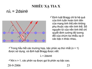 20-9-2006 23
NHIỄU XẠ TIA X
nλ = 2dsinθ
Định luật Bragg chỉ là hệ quả
của tính tuần hoàn tịnh tiến
của mạng tinh thể,nên không
phụ thuộc vào nền tinh thể. Số
nguyên tử của nền tinh thể chỉ
quyết định cường độ tương
đối của chùm tia nhiễu xạ ở
các bậc n khác nhau.
Trong hầu hết các trường hợp, bậc phản xạ thứ nhất (n = 1)
được sử dụng, và định luật Bragg được viết:
λ = 2dsinθ
Khi n > 1, các phản xạ được gọi là phản xạ bậc cao.
 