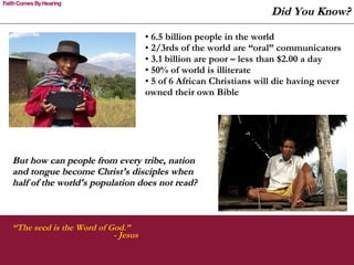 “ The seed is the Word of God.” - Jesus But how can people from every tribe, nation and tongue become Christ's disciples when half of the world's population does not read?  6.5 billion people in the world 2/3rds of the world are “oral” communicators 3.1 billion are poor – less than $2.00 a day 50% of world is illiterate 5 of 6 African Christians will die having never owned their own Bible Did You Know? 