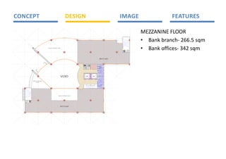 CONCEPT                                                               DESIGN                                                                                                           IMAGE                              FEATURES 

                                                                                                                                                                                                               MEZZANINE FLOOR 
                                                                                                                                                                                        1

                                                                                                                                                                                        0
                                                                                                                                                                                        1
                                                                                                                                                                                        9

                                                                                                                                                                                        8
                                                                                                                                                                                        7

                                                                                                                                                                                        6
                                                                                                                                                                                        5

                                                                                                                                                                                        4
                                                                                                                                                                                                    12

                                                                                                                                                                                                    13
                                                                                                                                                                                                    14

                                                                                                                                                                                                    15
                                                                                                                                                                                                    16

                                                                                                                                                                                                    17
                                                                                                                                                                                                    18

                                                                                                                                                                                                    19

                                                                                                                                                                                                    20
                                                                                                                                                                                                               • Bank branch‐ 266.5 sqm 
                                                                                                                                                                                        3
                                                                                                                                                                                                    21
                                                                                                                                                                                        2           22




                                                                                                                                                                                                               • Bank offices‐ 342 sqm 
                                                                                                                                                                                        1
                                                                                                                                                                                                    23




                                        OPEN TO G RO UN D FLOOR

                                                                                                                                                                                            E C&
                                                                                                                                                                                             LE          D
                                                                                                                                                                                                         UCT
                                                                                                                                                                                             DATA




                                                                                                                                                                           266.5 sqm
                                                                                                                                                                                                                  
                                                                                                                                                                                                                  


                                                                                                               U ISH
                                                                                                               HUTE
                                                                                                 E C&
                                                                                                   ATA


                                                                                                              RBB
                                                                                                  LE




                                                                                                               C
                                                                                                  D
                                                                                       CL ANER'S
                                                                                         E                                                                                 FE MA LE
                                                                                         R OM
                                                                                         O




                                                                                                                                                                            A LOCK
                                                                                                                                                                             IR




                                                                  VOID




                                                                                                                                                                     UCT
                                                                                            LIFT 1                                           LI FT 1




                                                                                                                                                                    D
                                                                                                                                                                            A LOCK
                                                                                                                                                                             IR
                     OPE N TO GROUN D
                          FLOOR
                                                                                                                                                               23
                                                                                   1


                                                                                                                                                                             MALE
                                                                                                                                                               22
                                                                                   2
                                                                                                                      W TING
                                                                                                                       AI
                                                                                                                                                               21
                                                                                   3
                                                                                   4                                                                           20




                                                                                                                  0
                                                                                                                  1

                                                                                                                      1

                                                                                                                          2
                                                                                                                          1
                                                                                                                              13

                                                                                                                                   14

                                                                                                                                        15

                                                                                                                                             6
                                                                                                                                             1

                                                                                                                                                 7
                                                                                                                                                 1
                                                                                                                                                     18

                                                                                                                                                          19
                                                                                             5

                                                                                                  6
                                                                                                      7

                                                                                                          8

                                                                                                              9




         2
         1
                 1
         3
         1
         4
         1       0
                 1

                 9
         5
         1
                 8
         6
         1
                 7
         7
         1

         8
         1       6
                 5
         9
         1
                 4
         0
         2
         1
         2

         2
                 3

                 2
                                                           OPEN TO GROUND FLOO R
                 1
         3
         2




   D
   UCT   E C&
          LE
          DATA




                                                              342.0 sqm
 