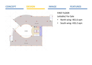 CONCEPT                   DESIGN                                                                                                     IMAGE                               FEATURES 

                                                                                                                                                              FIRST FLOOR 
                                                                                                                                      1
                                                                                                                                      0
                                                                                                                                      1
                                                                                                                                      9
                                                                                                                                      8

                                                                                                                                      7
                                                                                                                                      6
                                                                                                                                      5
                                                                                                                                      4
                                                                                                                                                   12
                                                                                                                                                   13

                                                                                                                                                   14
                                                                                                                                                   15
                                                                                                                                                   16
                                                                                                                                                   17

                                                                                                                                                   18
                                                                                                                                                   19
                                                                                                                                                   20
                                                                                                                                                              Lettable/ For Sale 
                                                                                                                                      3            21
                                                                                                                                      2            22




                                                                                                                                                              • North wing‐ 461.6 sqm 
                                                                                                                                      1            23




                                                                                                                                          ELEC &        D
                                                                                                                                                        UCT
                                                                                                                                           DATA




                                          461.6 sqm                                                                                                           • South wing‐ 435.2 sqm 
                                                                                                                                                                  


                                                             U ISH
                                               E C&




                                                             HUTE
                                                 ATA


                                                            RBB
                                                LE
                                                D




                                                            C
                                     CL ANER'S
                                       E                                                                                  FE MA LE
                                       R OM
                                       O




                                                                                                                                                                 
                                                                                                                           A LOCK
                                                                                                                            IR




                     VOID




                                                                                                                    UCT
                                          LIFT 1                                            LI FT 1




                                                                                                                   D
                                                                                                                           A LOCK
                                                                                                                            IR




                                 1                                                                            23
                                                                                                              22
                                                                    WAITING
                                                                                                                            MA LE
                                 2
                                                                                                              21
                                 3
                                                                                                              20
                                 4




                                                                0
                                                                1

                                                                     1

                                                                         2
                                                                         1
                                                                             13

                                                                                  14

                                                                                       15

                                                                                            1
                                                                                            6

                                                                                                7
                                                                                                1
                                                                                                    18

                                                                                                         19
                                           5

                                                6
                                                    7

                                                        8

                                                            9




         2
         1
         3
         1       1
                 0
                 1
         4
         1
                 9
         5
         1
                 8
         6
         1
         7
         1       7
                 6
         8
         1
                 5
         9
         1
                 4
         0
         2
         1
         2       3
                 2
         2
                 1
         3
         2




         E C&
          LE
   D
   UCT    DATA




                     435.2 sqm
 