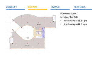 CONCEPT                   DESIGN                                                                                                     IMAGE                              FEATURES 

                                                                                                                                                             FOURTH FLOOR 
                                                                                                                                      1

                                                                                                                                      0
                                                                                                                                      1

                                                                                                                                      9

                                                                                                                                      8
                                                                                                                                      7

                                                                                                                                      6

                                                                                                                                      5

                                                                                                                                      4

                                                                                                                                      3
                                                                                                                                                  12

                                                                                                                                                  13

                                                                                                                                                  14

                                                                                                                                                  15

                                                                                                                                                  16
                                                                                                                                                  17

                                                                                                                                                  18

                                                                                                                                                  19

                                                                                                                                                  20
                                                                                                                                                             Lettable/ For Sale 
                                                                                                                                                  21

                                                                                                                                      2           22

                                                                                                                                      1




                                                                                                                                                             • North wing‐ 488.3 sqm 
                                                                                                                                                  23




                                                                                                                                          E C&
                                                                                                                                           LE
                                                                                                                                                       D
                                                                                                                                                       UCT
                                                                                                                                           DATA




                                          488.3 sqm                                                                                                          • South wing‐ 444.6 sqm 
                                                                                                                                                                 


                                                            RBB H
                                                             HUTE
                                               E C&




                                                             U IS
                                                 ATA
                                                LE




                                                             C
                                                D
                                     CL ANER'S
                                       E                                                                                  FE MA LE
                                       R OM
                                       O




                                                                                                                                                                
                                                                                                                           A LOCK
                                                                                                                            IR




                                                                                                                    UCT
                                          LIFT 1                                            LI FT 1




                                                                                                                   D
                                                                                                                           A LOCK
                                                                                                                            IR




                                                                                                              23
                                 1


                                                                                                                            MALE
                                                                                                              22
                                                                    W TI NG
                                                                     AI
                                 2

                                 3                                                                            21

                                 4                                                                            20




                     VOID                                       0
                                                                1

                                                                     1

                                                                         2
                                                                         1
                                                                             13

                                                                                  14

                                                                                       15

                                                                                            6
                                                                                            1

                                                                                                7
                                                                                                1
                                                                                                    18

                                                                                                         19
                                           5

                                                6
                                                    7

                                                        8

                                                            9




         2
         1
                 1
         3
         1
                 0
                 1
         4
         1

         5
         1       9

                 8
         1
         6
                 7
         7
         1
                 6
         8
         1

         9
         1       5

                 4
         0
         2
                 3
         1
         2
                 2
         2

         3
         2       1




   D
   UCT   E C&
          LE
          DATA




                     444.6 sqm
 