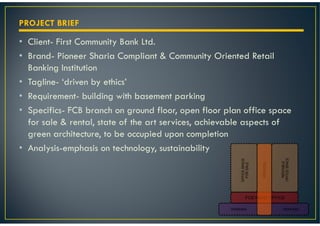 PROJECT BRIEF

• Client- First Community Bank Ltd.
• Brand- Pioneer Sharia Compliant & Community Oriented Retail
  Banking Institution
• Tagline- ‘driven by ethics’
• Requirement- building with basement parking
• Specifics- FCB branch on ground floor, open floor plan office space
  for sale & rental, state of the art services, achievable aspects of
  green architecture, to be occupied upon completion
• Analysis-emphasis on technology, sustainability
 